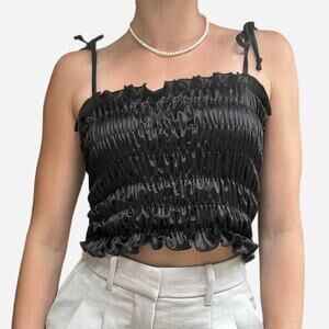 Heart & Hips black silky runched black tank top cropped going out - size small